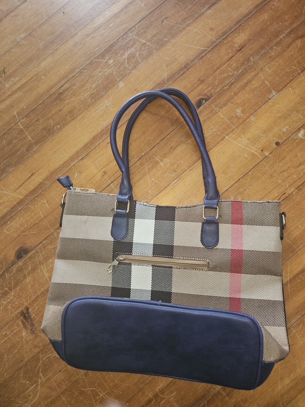 Burberry Navy Leather-Trim Check Shoulder Bag As Is Will Need Cleaned - Picture 4 of 6